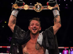 Brad Pauls celebrates after knocking out Nathan Heaney to become British middleweight champion in Birmingham Photo Credit: Stephen Dunkley/Queensberry Promotions