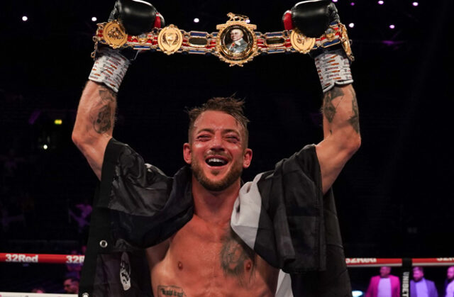 Brad Pauls celebrates after knocking out Nathan Heaney to become British middleweight champion in Birmingham Photo Credit: Stephen Dunkley/Queensberry Promotions