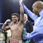 Stevenson celebrates after retaining his WBC crown Photo Credit: Mikey Williams/Top Rank