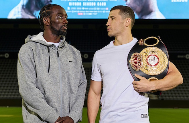 Crawford and Madrimov face-to-face at BMO Stadium ahead of Saturday's showdown Photo Credit: Mark Robinson/Matchroom Boxing