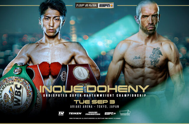 Naoya Inoue puts his undisputed super bantamweight titles on the line against TJ Doheny in Japan on Tuesday Photo Credit: Top Rank