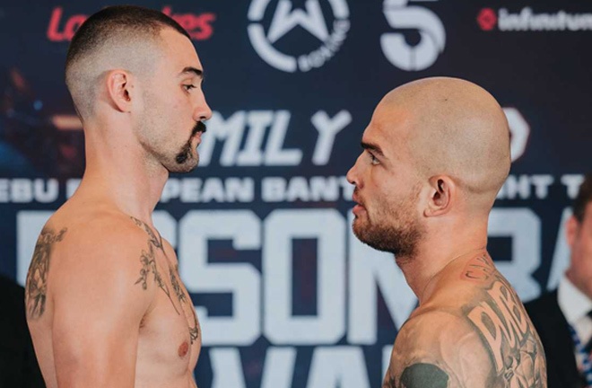 Bartell face-to-face with Dzurnak at Thursday's weigh in Photo Credit: Dave Cavan/Wasserman Boxing