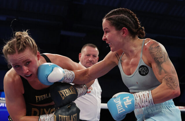 Terri Harper defeated Rhiannon Dixon on Saturday in Sheffield to win the WBO lightweight title. Photo: Mark Robinson Matchroom Boxing