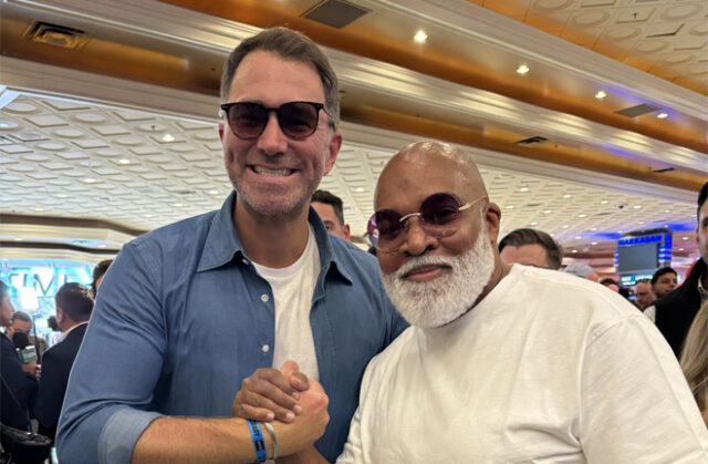 Eddie Hearn and Leonard Ellerbe appeared to squash their beef in Las Vegas Photo Credit: @heyitsmarcosv Twitter