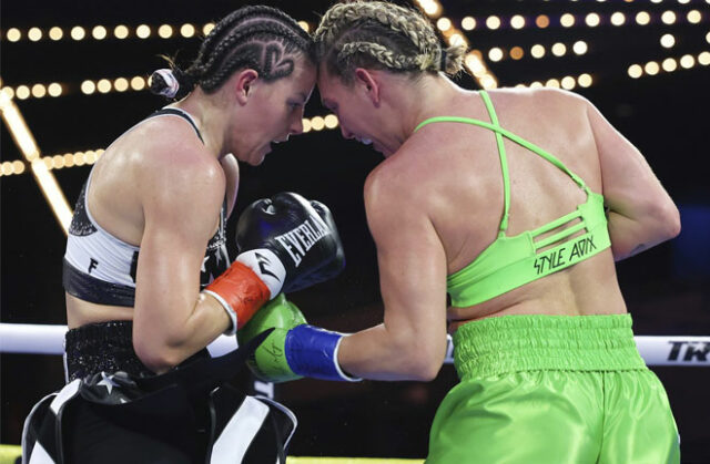 Mikaela Mayer defeats Sandy Ryan by majority decision to become the new WBO welterweight world champion. Photo source: Top Rank Boxing.