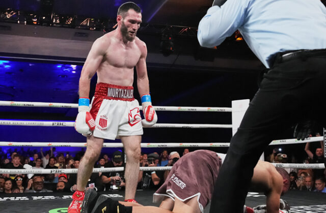 Bakhram Murtazaliev defended his 154-pound world title after stopping Tim Tszyu in the third round. Photo credit: Joseph Correa/ Premier Boxing Champions.