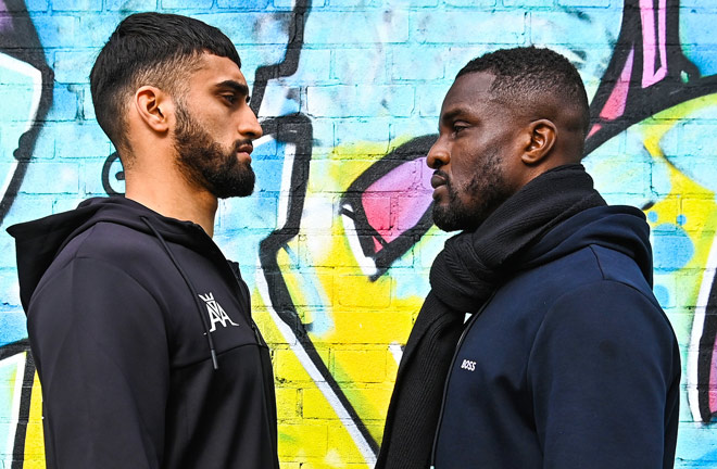 Azim and Davies face-to-face ahead of Saturday's showdown Photo Credit: BOXXER