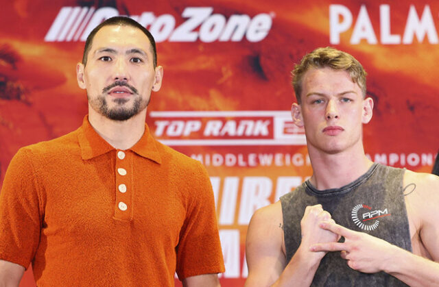 Janibek Alimkhanuly defends his IBF middleweight world title against Andrei Mikhailovich on Saturday in Sydney, live on Sky Sports. Photo: Mikey Williams/Top Rank