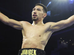 Janibek Alimkhanuly retained his IBF middleweight crown with a ninth round stoppage over Andrei Mikhailovich in Sydney on Friday Photo Credit: Mikey Williams/Top Rank