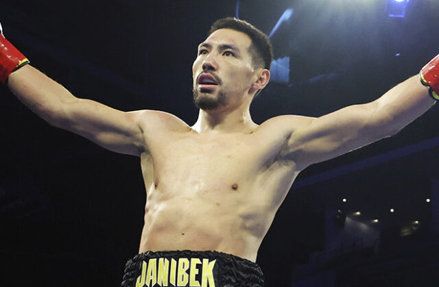 Janibek Alimkhanuly defended his IBF middleweight title by defeating Andrei Mikhailovich in the ninth round on Friday in Sydney. Photo: Mikey Williams/Top Rank