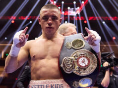 Nick Ball successfully defended his WBA featherweight world title for the first time, stopping Ronny Rios in the 10th round in Liverpool on Saturday Photo Credit: Mark Robinson Matchroom Boxing