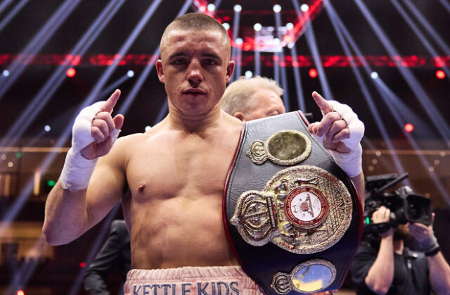 Nick Ball defended his WBA featherweight world title for the first time, defeating Ronny Rios in the 10th round in Liverpool on Saturday Photo: Mark Robinson Matchroom Boxing