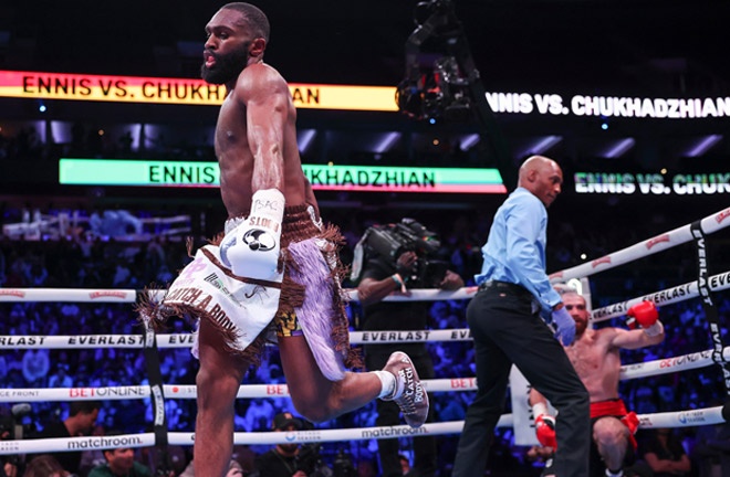 Ennis dropped Chukhadzhian in the fifth round Photo Credit: Mark Robinson Matchroom Boxing