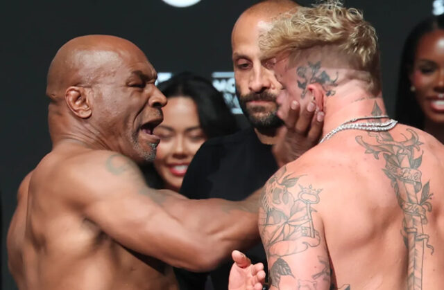 Mike Tyson slapped Jake Paul following the weigh in last night (Photo Credit: Kevin Jairaj, Imagn Images)