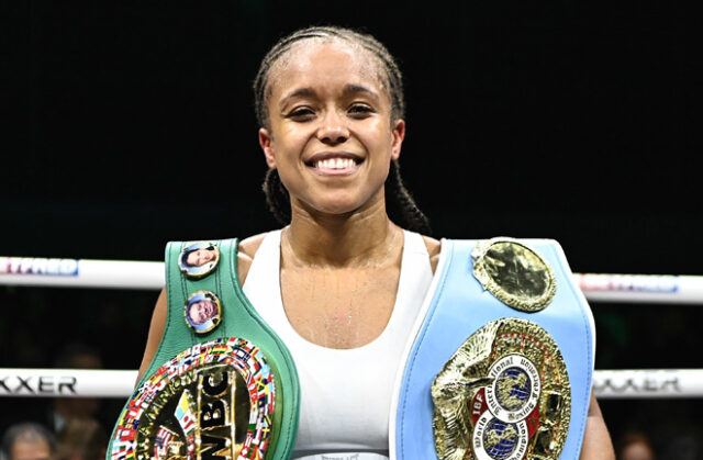 Natasha Jonas became the unified welterweight world champion after defeating Ivana Habazin in Liverpool on Saturday. Photo: Chris Dean/Boxxer