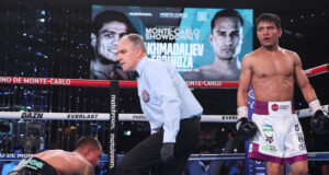 Murodjon Akhmadaliev stopped Ricardo Espinoza in three rounds in Monaco Photo Credit: Mark Robinson Matchroom Boxing