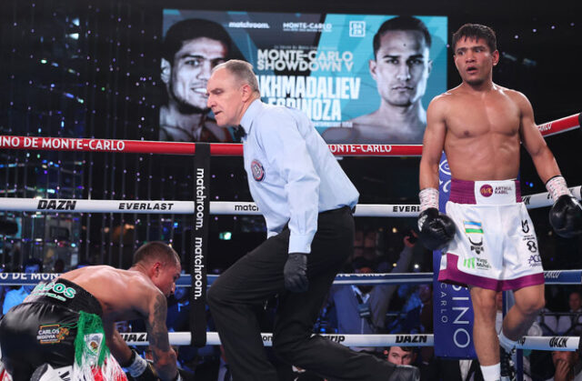 Murodjon Akhmadaliev stopped Ricardo Espinoza in three rounds in Monaco Photo Credit: Mark Robinson Matchroom Boxing