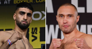 Adam Azim tackles Sergey Lipinets at the OVO Arena in Wembley on Saturday Photo Credit: Lawrence Lustig/BOXXER/Esther Lin