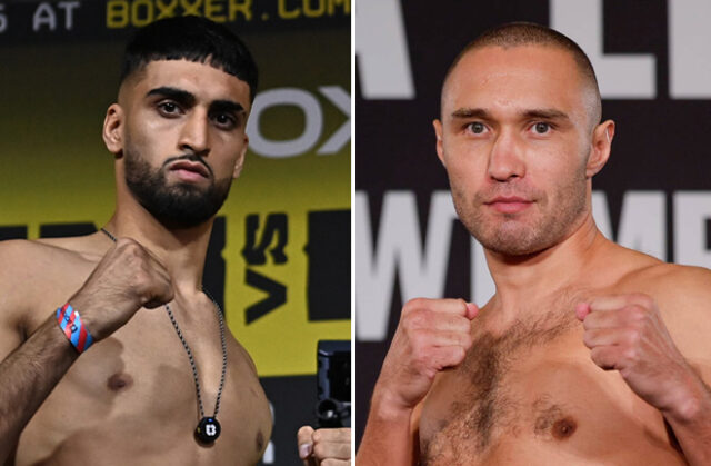 Adam Azim tackles Sergey Lipinets at the OVO Arena in Wembley on Saturday Photo Credit: Lawrence Lustig/BOXXER/Esther Lin