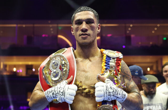 Jai Opetaia knocked out David Nyika in the fourth round to retain his IBF and Ring Magazine cruiserweight titles. Photo: Mark Robinson Matchroom Boxing