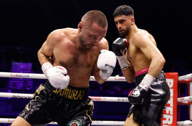 Adam Azim halted Sergey Lipinets in the ninth round in Wembley Photo Credit: Lawrence Lustig/BOXXER