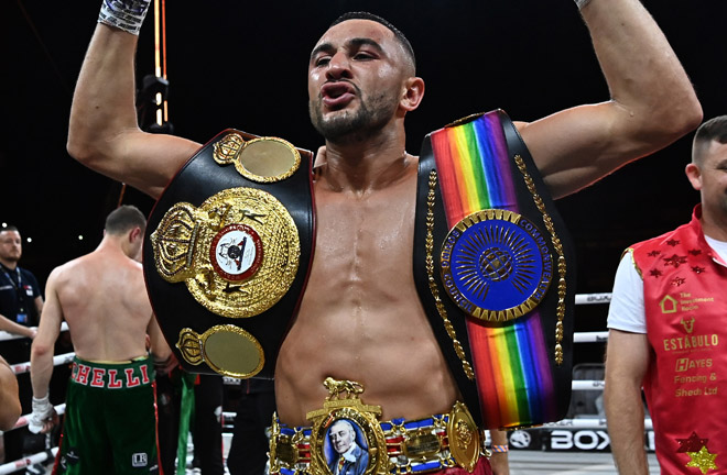 Simpson puts his British and Commonwealth super middleweight titles on the line against Woodall. Photo: Lawrence Lustig/BOXXER