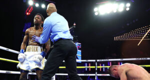 Keyshawn Davis knocked out Denys Berinchyk in the fourth round to become WBO lightweight champion in New York on Friday Photo Credit: Mikey Williams/Top Rank