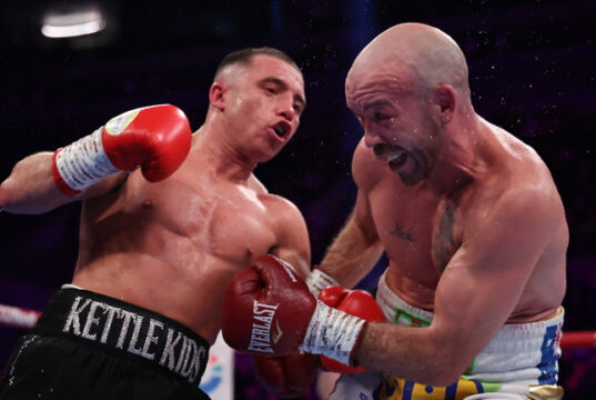 Nick Ball defended his WBA featherweight world title with a 10th round retirement win over TJ Doheny in Liverpool Photo Credit: Leigh Dawney/Queensberry Promotions